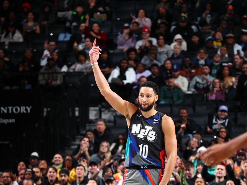 BROOKLYN, NY - JANUARY 29: Ben Simmons #10 of the Brooklyn Nets reacts to a play during the game against the Utah Jazz on January 29, 2024 at Barclays Center in Brooklyn, New York. NOTE TO USER: User expressly acknowledges and agrees that, by downloading and or using this Photograph, user is consenting to the terms and conditions of the Getty Images License Agreement. Mandatory Copyright Notice: Copyright 2024 NBAE (Photo by David L. Nemec/NBAE via Getty Images)