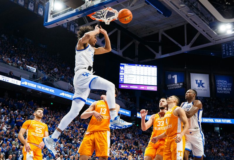 Feb 18, 2023; Lexington, Kentucky, USA; Kentucky Wildcats forward Jacob Toppin (0) dunks the ball during the second half against the Tennessee Volunteers at Rupp Arena at Central Bank Center. Mandatory Credit: Jordan Prather-USA TODAY Sports