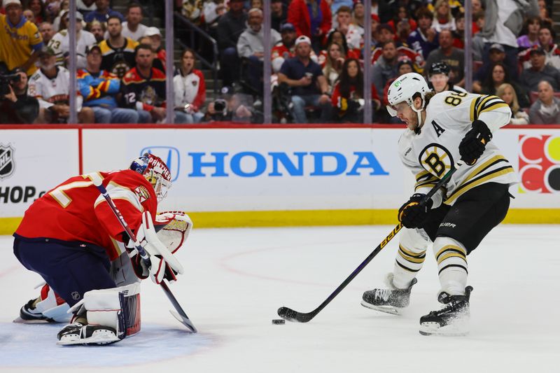 May 6, 2024; Sunrise, Florida, USA; Boston Bruins right wing David Pastrnak (88) shoots the puck against Florida Panthers goaltender Sergei Bobrovsky (72) during the first period in game one of the second round of the 2024 Stanley Cup Playoffs at Amerant Bank Arena. Mandatory Credit: Sam Navarro-USA TODAY Sports