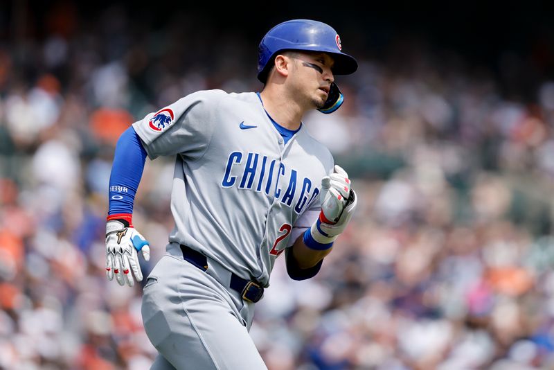 Jun 7, 2025; Detroit, Michigan, USA;  Chicago Cubs outfielder Seiya Suzuki (27) runs the bases after he hits a home run in the eighth inning against the Detroit Tigers at Comerica Park. Mandatory Credit: Rick Osentoski-Imagn Images