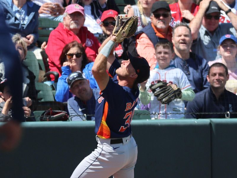 Mar 15, 2023; North Port, Florida, USA; Houston Astros third baseman Rylan Bannon (38) catches a fly ball against the Atlanta Braves during the fourth inning  at CoolToday Park. Mandatory Credit: Kim Klement-USA TODAY Sports