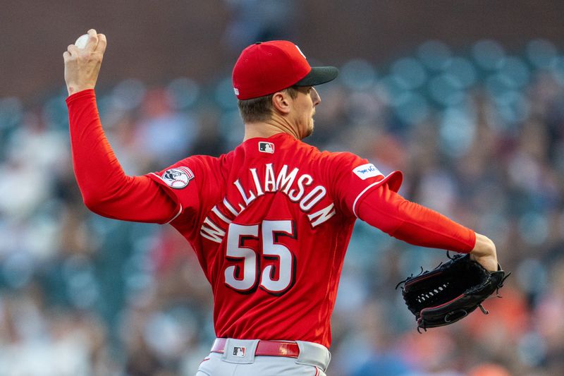 Aug 29, 2023; San Francisco, California, USA;  Cincinnati Reds starting pitcher Brandon Williamson (55) delivers a pitch against the San Francisco Giants during the first inning at Oracle Park. Mandatory Credit: Neville E. Guard-USA TODAY Sports