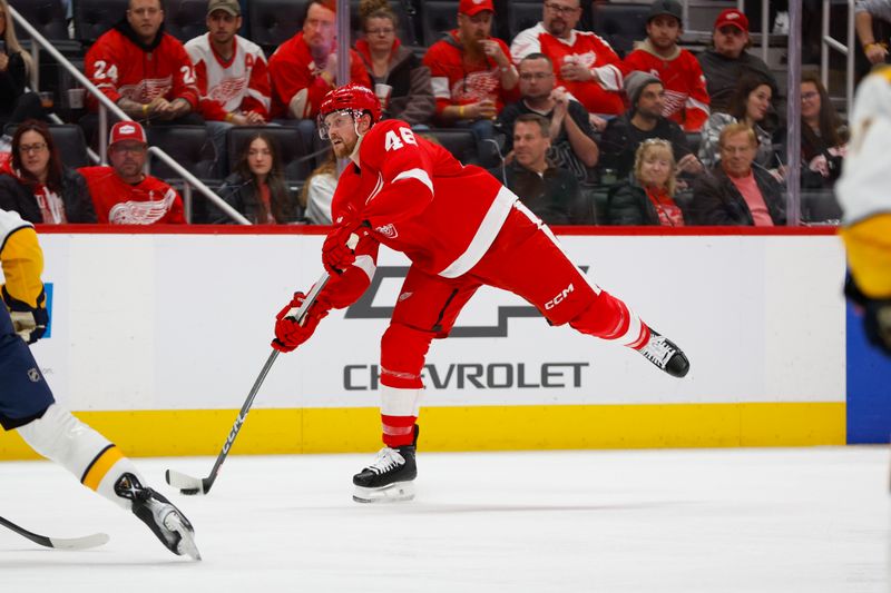 Dec 29, 2023; Detroit, Michigan, USA; Detroit Red Wings defenseman Jeff Petry (46) handles the puck during the second period of the game between the Nashville Predators and the Detroit Red Wings at Little Caesars Arena. Mandatory Credit: Brian Bradshaw Sevald-USA TODAY Sports