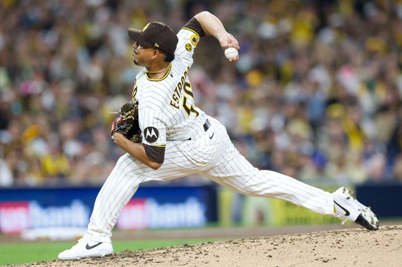 Mar 27, 2026; San Diego, California, USA; San Diego Padres relief pitcher Jeremiah Estrada (56) throws a pitch during the eighth inning against the Detroit Tigers at Petco Park. Mandatory Credit: David Frerker-Imagn Images