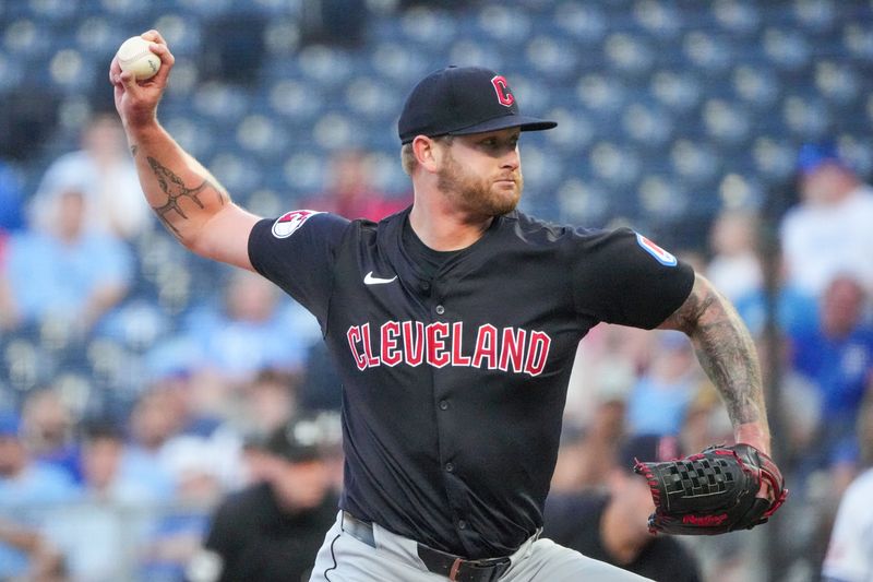 Sep 4, 2024; Kansas City, Missouri, USA; Cleveland Guardians starting pitcher Ben Lively (39) delivers a pitch against the Kansas City Royals in the first inning at Kauffman Stadium. Mandatory Credit: Denny Medley-Imagn Images