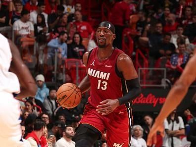 MIAMI, FL - DECEMBER 25: Bam Adebayo #13 of the Miami Heat handles the ball during the game   on December 25, 2023 at Kaseya Center Arena in Miami, Florida. NOTE TO USER: User expressly acknowledges and agrees that, by downloading and or using this Photograph, user is consenting to the terms and conditions of the Getty Images License Agreement. Mandatory Copyright Notice: Copyright 2023 NBAE (Photo by Issac Baldizon/NBAE via Getty Images)