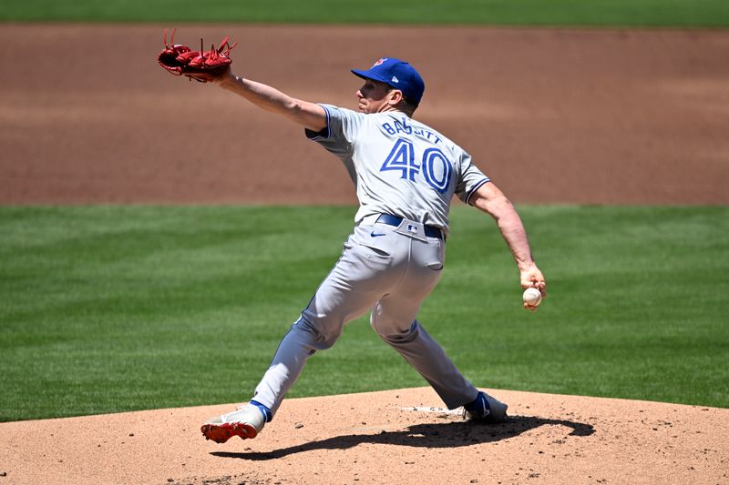 Apr 21, 2024; San Diego, California, USA; Toronto Blue Jays starting pitcher Chris Bassitt (40) throws a pitch against the San Diego Padres during the first inning at Petco Park. Mandatory Credit: Orlando Ramirez-USA TODAY Sports