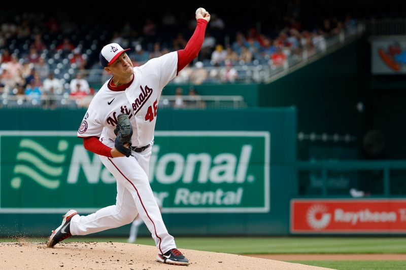 Apr 16, 2023; Washington, District of Columbia, USA; Washington Nationals starting pitcher Patrick Corbin (46) pitches against the Cleveland Guardians during the first inning at Nationals Park. Mandatory Credit: Geoff Burke-USA TODAY Sports