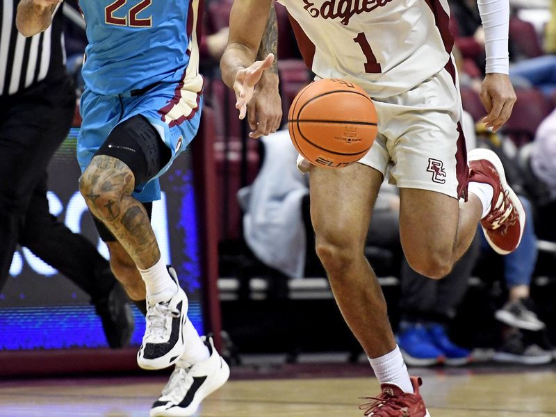 Feb 18, 2023; Tallahassee, Florida, USA; Boston College Eagles forward TJ Bickerstaff (1) drives to the net past Florida State Seminoles guard Darin Green Jr (22) during the first half at Donald L. Tucker Center. Mandatory Credit: Melina Myers-USA TODAY Sports