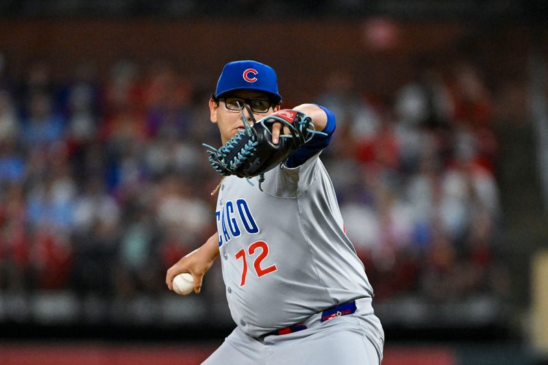 May 26, 2024; St. Louis, Missouri, USA;  Chicago Cubs starting pitcher Javier Assad (72) pitches against the St. Louis Cardinals during the first inning at Busch Stadium. Mandatory Credit: Jeff Curry-USA TODAY Sports