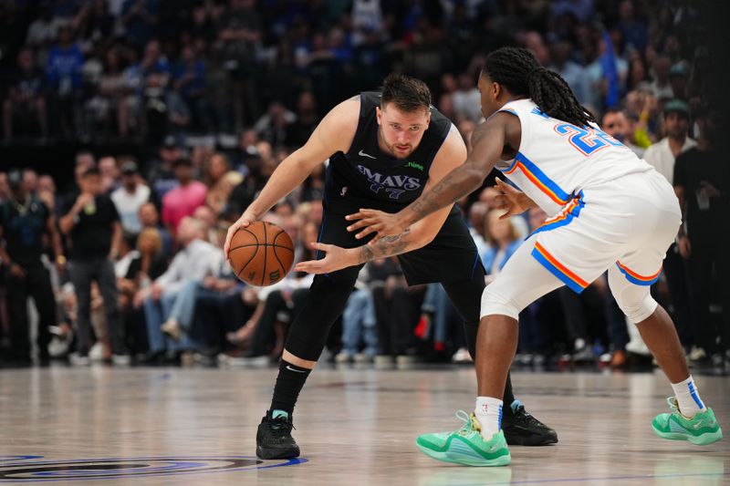 DALLAS, TX - MAY 18: Luka Doncic #77 of the Dallas Mavericks handles the ball during the game against the Oklahoma City Thunder during Round 2 Game 6 of the 2024 NBA Playoffs on May 18, 2024 at the American Airlines Center in Dallas, Texas. NOTE TO USER: User expressly acknowledges and agrees that, by downloading and or using this photograph, User is consenting to the terms and conditions of the Getty Images License Agreement. Mandatory Copyright Notice: Copyright 2024 NBAE (Photo by Cooper Neill/NBAE via Getty Images)