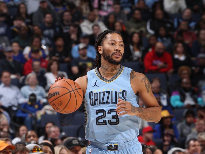 MEMPHIS, TN - FEBRUARY 2: Derrick Rose #23 of the Memphis Grizzlies dribbles the ball during the game against the Golden State Warriors on February 2, 2024 at FedExForum in Memphis, Tennessee. NOTE TO USER: User expressly acknowledges and agrees that, by downloading and or using this photograph, User is consenting to the terms and conditions of the Getty Images License Agreement. Mandatory Copyright Notice: Copyright 2024 NBAE (Photo by Joe Murphy/NBAE via Getty Images)