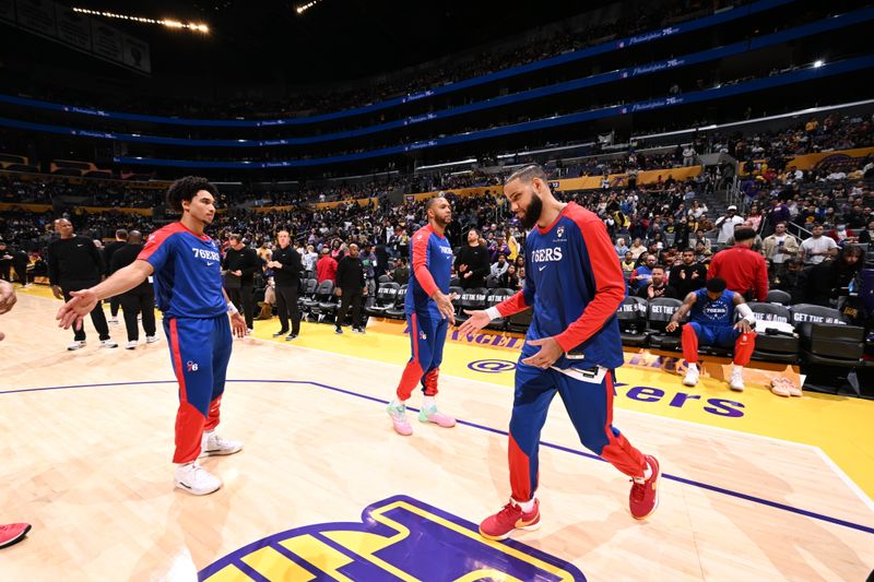 LOS ANGELES, CA - NOVEMBER 8: Caleb Martin #16 of the Philadelphia 76ers is introduced before the game against the Los Angeles Lakers on Novemberr 8, 2024 at Crypto.Com Arena in Los Angeles, California. NOTE TO USER: User expressly acknowledges and agrees that, by downloading and/or using this Photograph, user is consenting to the terms and conditions of the Getty Images License Agreement. Mandatory Copyright Notice: Copyright 2024 NBAE (Photo by Adam Pantozzi/NBAE via Getty Images)