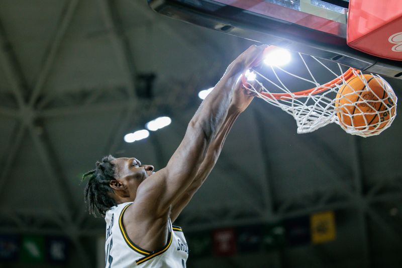 Feb 27, 2025; Wichita, Kansas, USA; Wichita State Shockers center Quincy Ballard (15) dunks during the second half against the UAB Blazers at Charles Koch Arena. Mandatory Credit: William Purnell-Imagn Images