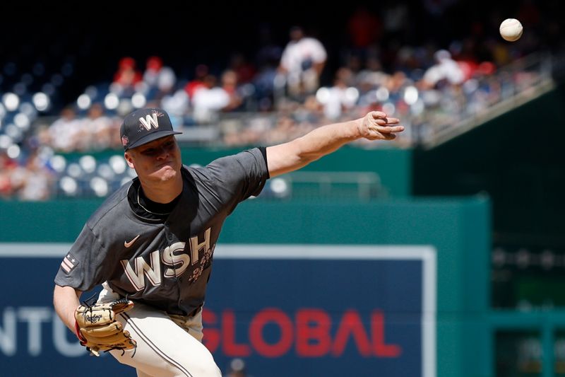 Jun 15, 2024; Washington, District of Columbia, USA;  Washington Nationals starting pitcher DJ Herz (74) pitches against the Miami Marlins during the first inning at Nationals Park. Mandatory Credit: Geoff Burke-USA TODAY Sports