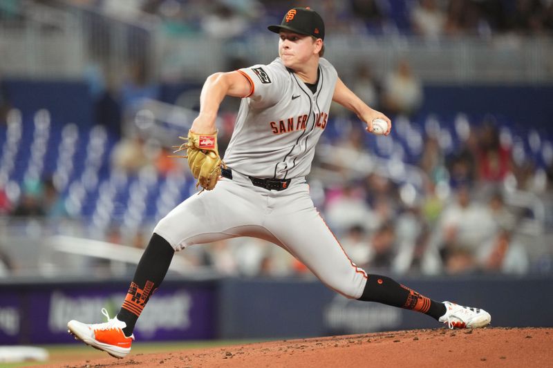 May 30, 2025; Miami, Florida, USA;  San Francisco Giants pitcher Kyle Harrison (45) pitches against the Miami Marlins in the first inning at loanDepot Park. Mandatory Credit: Jim Rassol-Imagn Images