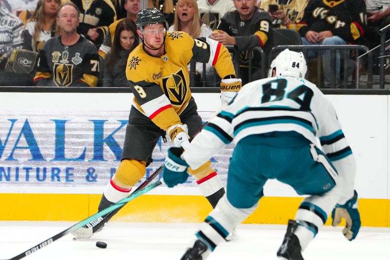 Oct 26, 2024; Las Vegas, Nevada, USA; Vegas Golden Knights center Jack Eichel (9) skates against the San Jose Sharks during the second period at T-Mobile Arena. Mandatory Credit: Stephen R. Sylvanie-Imagn Images