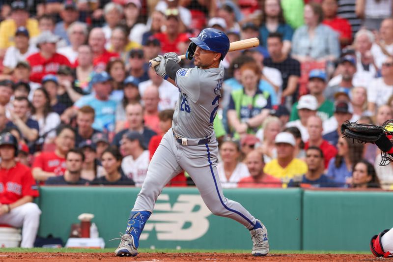 Jul 12, 2024; Boston, Massachusetts, USA; Kansas City Royals designated hitter Adam Frazier (26) hits an RBI single during the second inning against the Boston Red Sox at Fenway Park. Mandatory Credit: Paul Rutherford-USA TODAY Sports