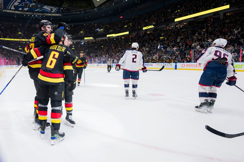 Jan 27, 2024; Vancouver, British Columbia, CAN; Vancouver Canucks defenseman Tyler Myers (57) and forward Brock Boeser (6) and forward J.T. Miller (9) celebrate Boeser   s goal against the Columbus Blue Jackets  in the second period at Rogers Arena. Mandatory Credit: Bob Frid-USA TODAY Sports