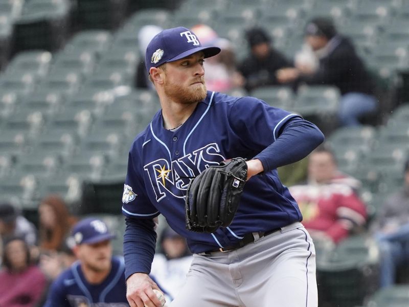 Apr 30, 2023; Chicago, Illinois, USA; Tampa Bay Rays starting pitcher Drew Rasmussen (57) throws a pitch against the Chicago White Sox during the first inning at Guaranteed Rate Field. Mandatory Credit: David Banks-USA TODAY Sports