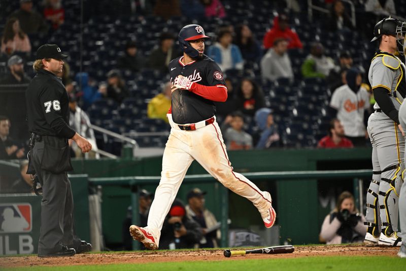 Apr 3, 2024; Washington, District of Columbia, USA; Washington Nationals second baseman Luis Garcia Jr. (2) crosses home plate for a run against the Pittsburgh Pirates during the sixth inning at Nationals Park. Mandatory Credit: Rafael Suanes-USA TODAY Sports