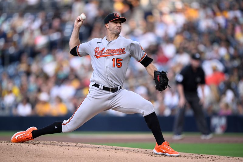 Aug 15, 2023; San Diego, California, USA; Baltimore Orioles starting pitcher Jack Flaherty (15) throws a pitch against the San Diego Padres during the first inning at Petco Park. Mandatory Credit: Orlando Ramirez-USA TODAY Sports