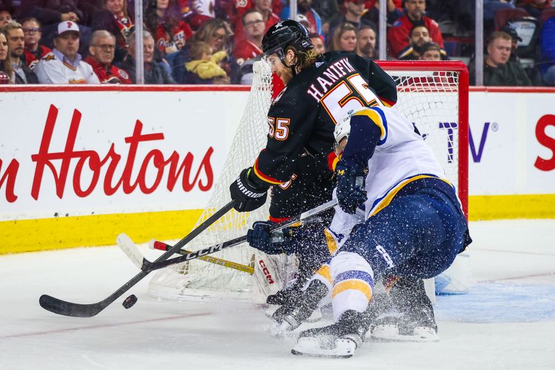 Jan 23, 2024; Calgary, Alberta, CAN; Calgary Flames defenseman Noah Hanifin (55) and St. Louis Blues center Robert Thomas (18) battles for the puck in front of Calgary Flames goaltender Jacob Markstrom (25) during the third period at Scotiabank Saddledome. Mandatory Credit: Sergei Belski-USA TODAY Sports