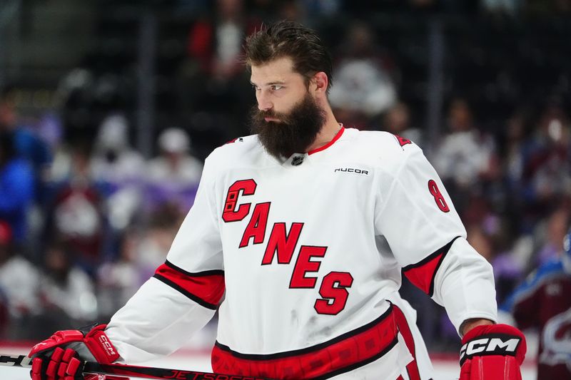 Nov 9, 2024; Denver, Colorado, USA; Carolina Hurricanes defenseman Brent Burns (8) before the game against the Colorado Avalanche at Ball Arena. Mandatory Credit: Ron Chenoy-Imagn Images