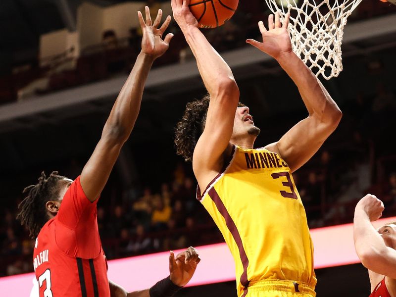 Mar 2, 2023; Minneapolis, Minnesota, USA; Minnesota Golden Gophers forward Dawson Garcia (3) shoots against the Rutgers Scarlet Knights during the first half at Williams Arena. Mandatory Credit: Matt Krohn-USA TODAY Sports