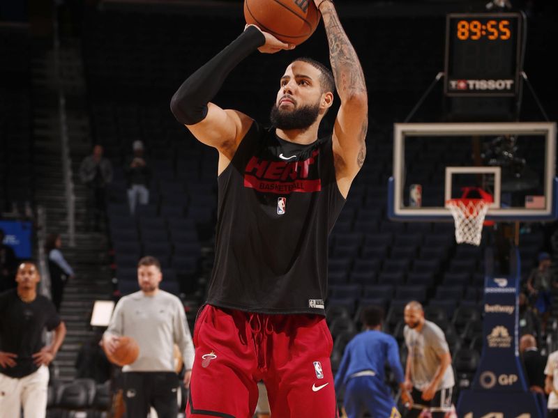 SAN FRANCISCO, CA - OCTOBER 27: Caleb Martin #16 of the Miami Heat warms up before the game against the Golden State Warriors on October 27, 2022 at Chase Center in San Francisco, California. NOTE TO USER: User expressly acknowledges and agrees that, by downloading and or using this photograph, user is consenting to the terms and conditions of Getty Images License Agreement. Mandatory Copyright Notice: Copyright 2022 NBAE (Photo by Jed Jacobsohn/NBAE via Getty Images)