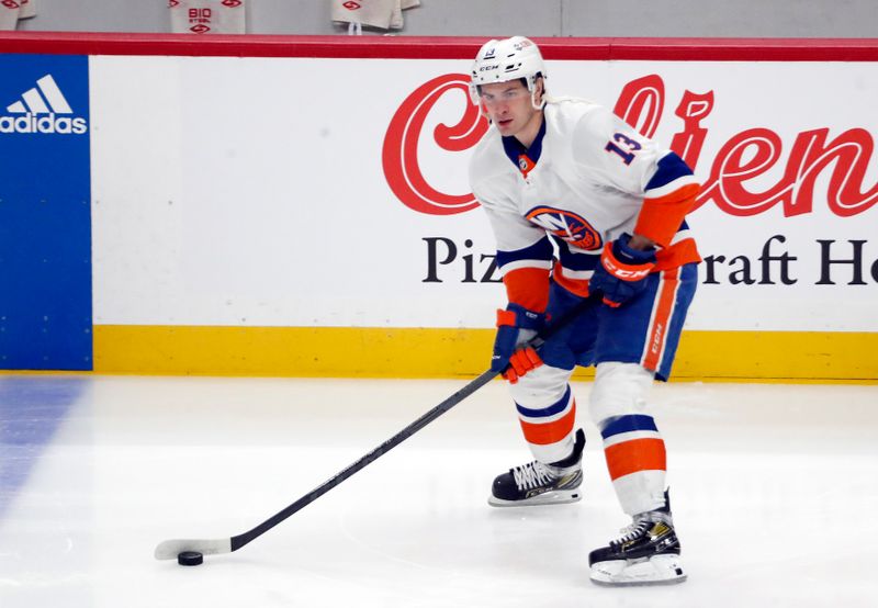 Feb 20, 2024; Pittsburgh, Pennsylvania, USA; New York Islanders center Mathew Barzal (13) warms up before the game against the Pittsburgh Penguins at PPG Paints Arena. Mandatory Credit: Charles LeClaire-USA TODAY Sports