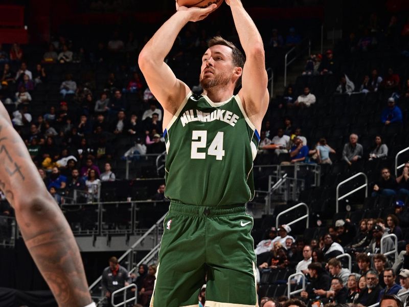 DETROIT, MI - OCTOBER 6: Pat Connaughton #24 of the Milwaukee Bucks shoots the ball during the game against the Detroit Pistons during a NBA preseason game on October 6, 2024 at Little Caesars Arena in Detroit, Michigan. NOTE TO USER: User expressly acknowledges and agrees that, by downloading and/or using this photograph, User is consenting to the terms and conditions of the Getty Images License Agreement. Mandatory Copyright Notice: Copyright 2024 NBAE (Photo by Chris Schwegler/NBAE via Getty Images)