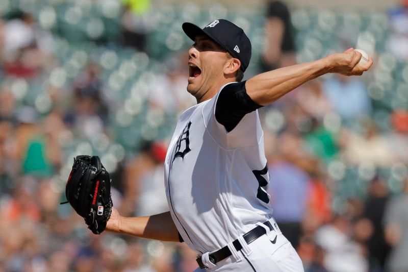 Aug 27, 2023; Detroit, Michigan, USA;  Detroit Tigers relief pitcher Andrew Vasquez (65) pitches in the eighth inning against the Houston Astros at Comerica Park. Mandatory Credit: Rick Osentoski-USA TODAY Sports