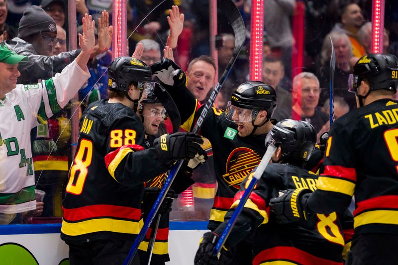 Jan 20, 2024; Vancouver, British Columbia, CAN; Vancouver Canucks forward Nils Hoglander (21), forward Nils Aman (88), defenseman Ian Cole (82), forward Conor Garland (8) and defenseman Nikita Zadorov (91) celebrate Hoglander   s second goal of the game against the Toronto Maple Leafs in the first period at Rogers Arena. Mandatory Credit: Bob Frid-USA TODAY Sports