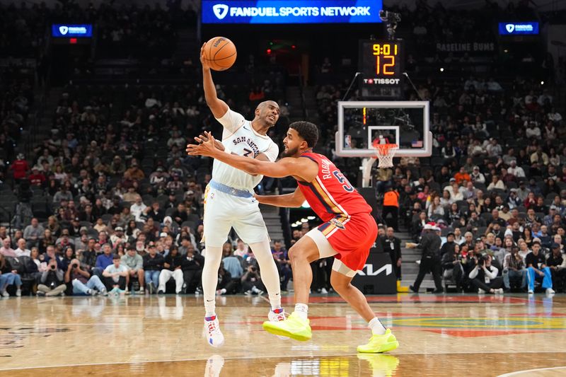 SAN ANTONIO, TX - DECEMBER 8: Chris Paul #3 of the San Antonio Spurs passes the ball during the game against the New Orleans Pelicans on December 8, 2024 at the Frost Bank Center in San Antonio, Texas. NOTE TO USER: User expressly acknowledges and agrees that, by downloading and or using this photograph, user is consenting to the terms and conditions of the Getty Images License Agreement. Mandatory Copyright Notice: Copyright 2024 NBAE (Photos by Jesse D. Garrabrant/NBAE via Getty Images)