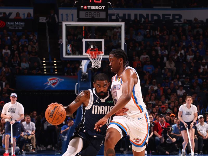 OKLAHOMA CITY, OK - MARCH 14: Kyrie Irving #11 of the Dallas Mavericks dribbles the ball during the game against the Oklahoma City Thunder on March 13, 2024 at Paycom Arena in Oklahoma City, Oklahoma. NOTE TO USER: User expressly acknowledges and agrees that, by downloading and or using this photograph, User is consenting to the terms and conditions of the Getty Images License Agreement. Mandatory Copyright Notice: Copyright 2024 NBAE (Photo by Zach Beeker/NBAE via Getty Images)