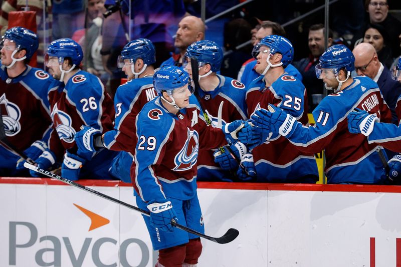 Nov 7, 2023; Denver, Colorado, USA; Colorado Avalanche center Nathan MacKinnon (29) celebrates with the bench after his goal in the third period at Ball Arena. Mandatory Credit: Isaiah J. Downing-USA TODAY Sports