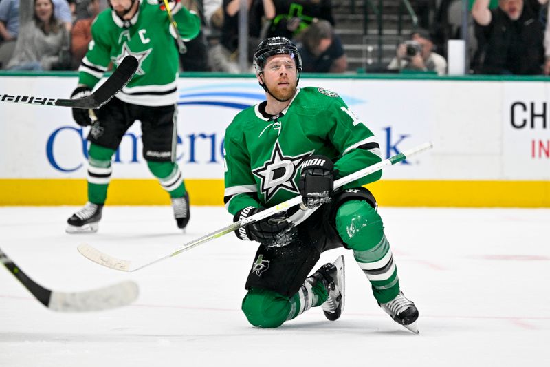 Apr 3, 2023; Dallas, Texas, USA; Dallas Stars center Joe Pavelski (16) scores a goal against Nashville Predators goaltender Juuse Saros (not pictured) during the second period at the American Airlines Center. Mandatory Credit: Jerome Miron-USA TODAY Sports