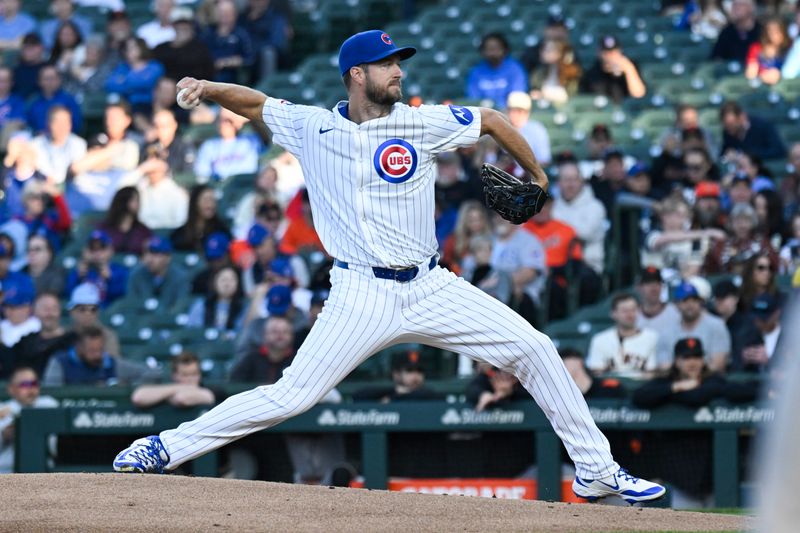 May 6, 2025; Chicago, Illinois, USA;  Chicago Cubs pitcher Colin Rea (53) delivers during the first inning against the San Francisco Giants at Wrigley Field. Mandatory Credit: Matt Marton-Imagn Images