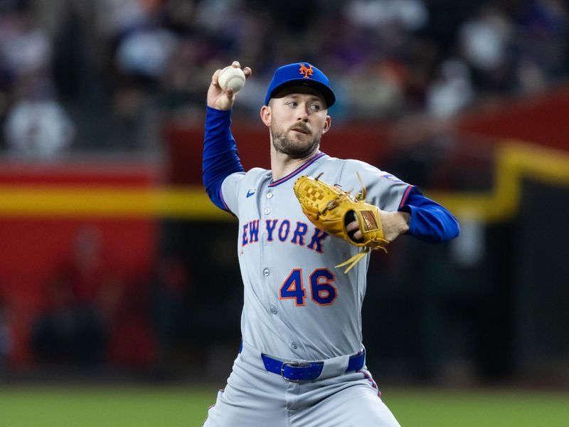 May 5, 2025; Phoenix, Arizona, USA; New York Mets pitcher Griffin Canning against the Arizona Diamondbacks in the fifth inning at Chase Field. Mandatory Credit: Mark J. Rebilas-Imagn Images