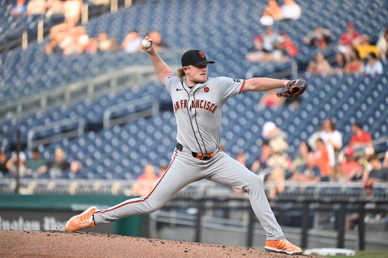 Aug 5, 2024; Washington, District of Columbia, USA; San Francisco Giants starting pitcher Logan Webb (62) throws a pitch against the Washington Nationals during the first inning at Nationals Park. Mandatory Credit: Rafael Suanes-USA TODAY Sports