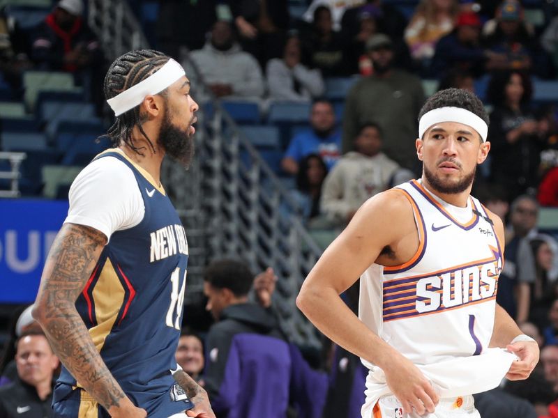 NEW ORLEANS, LA - DECEMBER 5: Devin Booker #1 of the Phoenix Suns looks on before the game against the New Orleans Pelicans on December 5, 2024 at the Smoothie King Center in New Orleans, Louisiana. NOTE TO USER: User expressly acknowledges and agrees that, by downloading and or using this Photograph, user is consenting to the terms and conditions of the Getty Images License Agreement. Mandatory Copyright Notice: Copyright 2024 NBAE (Photo by Layne Murdoch Jr./NBAE via Getty Images)