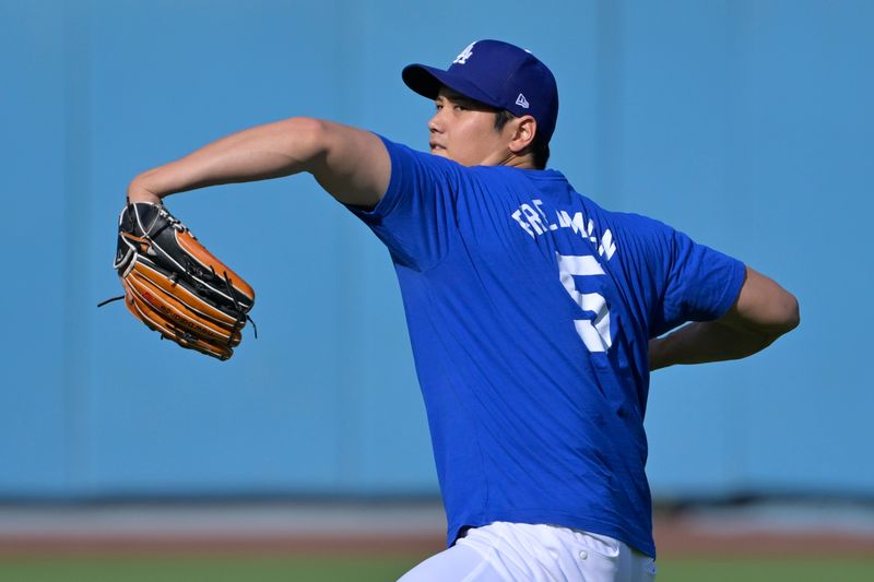 Aug 23, 2024; Los Angeles, California, USA;  Los Angeles Dodgers designated hitter Shohei Ohtani (17) walks off the field following his daily throwing routine prior to the game against the Tampa Bay Rays at Dodger Stadium. Mandatory Credit: Jayne Kamin-Oncea-USA TODAY Sports