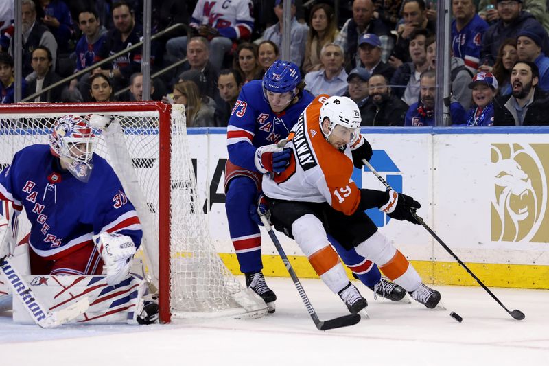 Mar 26, 2024; New York, New York, USA; Philadelphia Flyers right wing Garnet Hathaway (19) skates with the puck against New York Rangers center Matt Rempe (73) and goaltender Igor Shesterkin (31) during the second period at Madison Square Garden. Mandatory Credit: Brad Penner-USA TODAY Sports