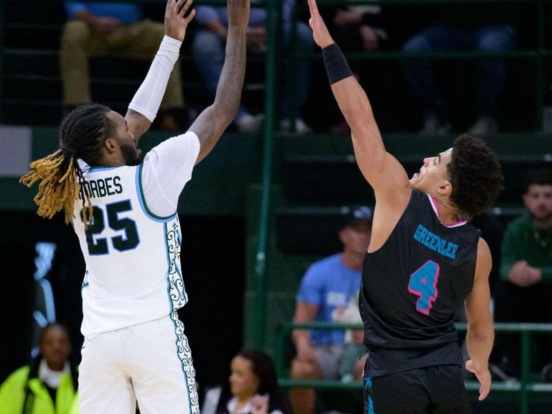 Jan 11, 2024; New Orleans, Louisiana, USA; Tulane Green Wave guard Jaylen Forbes (25) shoots against Florida Atlantic Owls guard Bryan Greenlee (4) during the first half at Avron B. Fogelman Arena in Devlin Fieldhouse. Mandatory Credit: Matthew Hinton-USA TODAY Sports