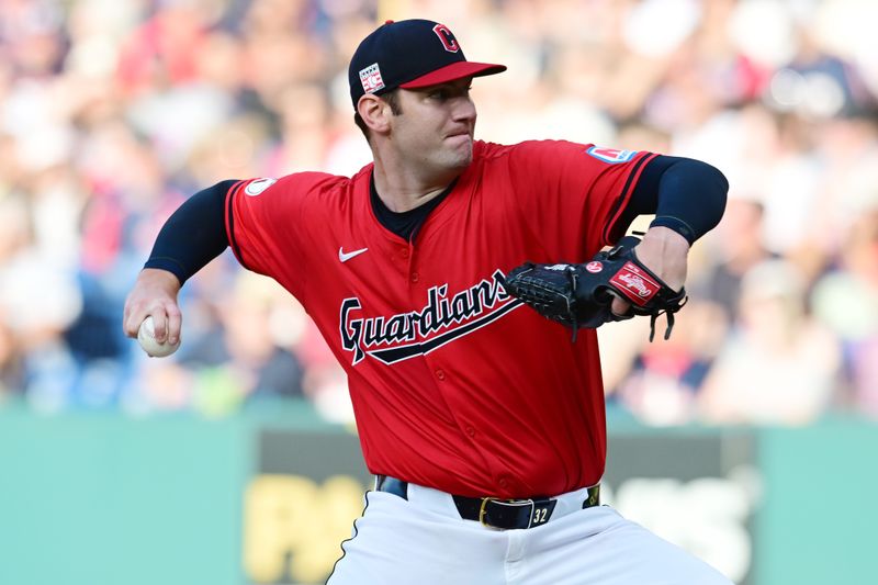 Jul 20, 2024; Cleveland, Ohio, USA; Cleveland Guardians starting pitcher Gavin Williams (32) throws a pitch during the first inning against the San Diego Padres at Progressive Field. Mandatory Credit: Ken Blaze-USA TODAY Sports