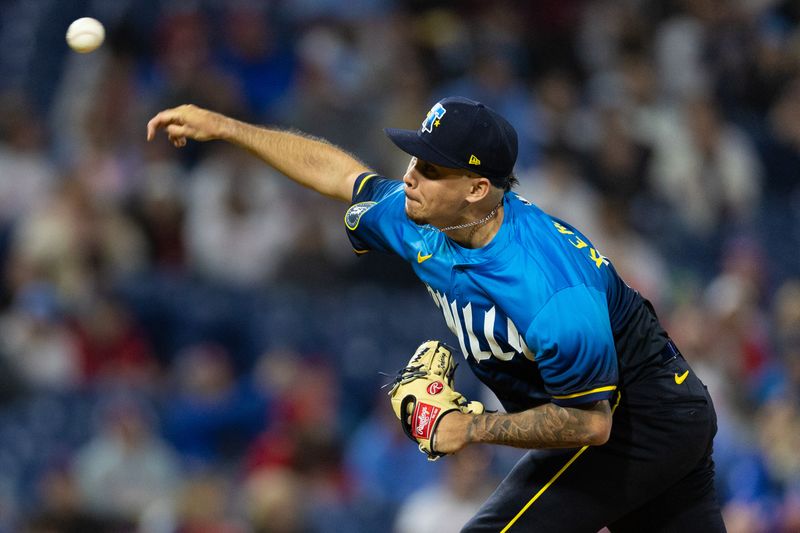 Apr 19, 2024; Philadelphia, Pennsylvania, USA; Philadelphia Phillies pitcher Orion Kerkering (50) throws a pitch during the ninth inning against the Chicago White Sox at Citizens Bank Park. Mandatory Credit: Bill Streicher-USA TODAY Sports