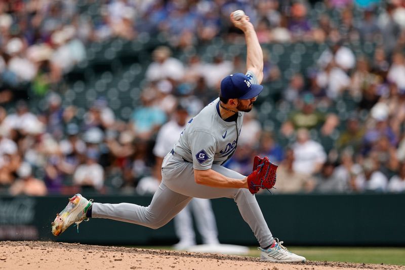 Jun 20, 2024; Denver, Colorado, USA; Los Angeles Dodgers relief pitcher Alex Vesia (51) pitches in the eighth inning against the Colorado Rockies at Coors Field. Mandatory Credit: Isaiah J. Downing-USA TODAY Sports