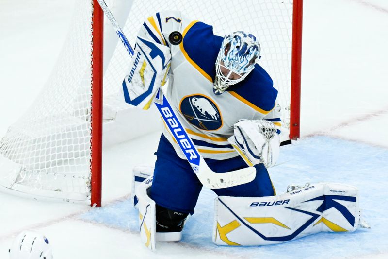 Oct 19, 2024; Chicago, Illinois, USA;  Buffalo Sabres goaltender Ukko-Pekka Luukkonen (1) defends against the Chicago Blackhawks during the third period at the United Center. Mandatory Credit: Matt Marton-Imagn Images