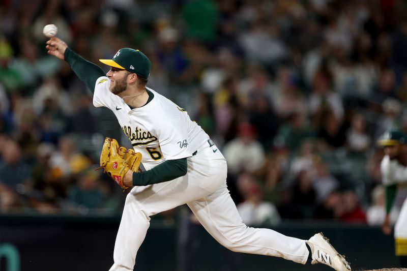 May 23, 2025; West Sacramento, California, USA; Athletics pitcher Justin Sterner (60) throws a pitch against the Philadelphia Phillies during the eighth inning at Sutter Health Park. Mandatory Credit: Dennis Lee-Imagn Images